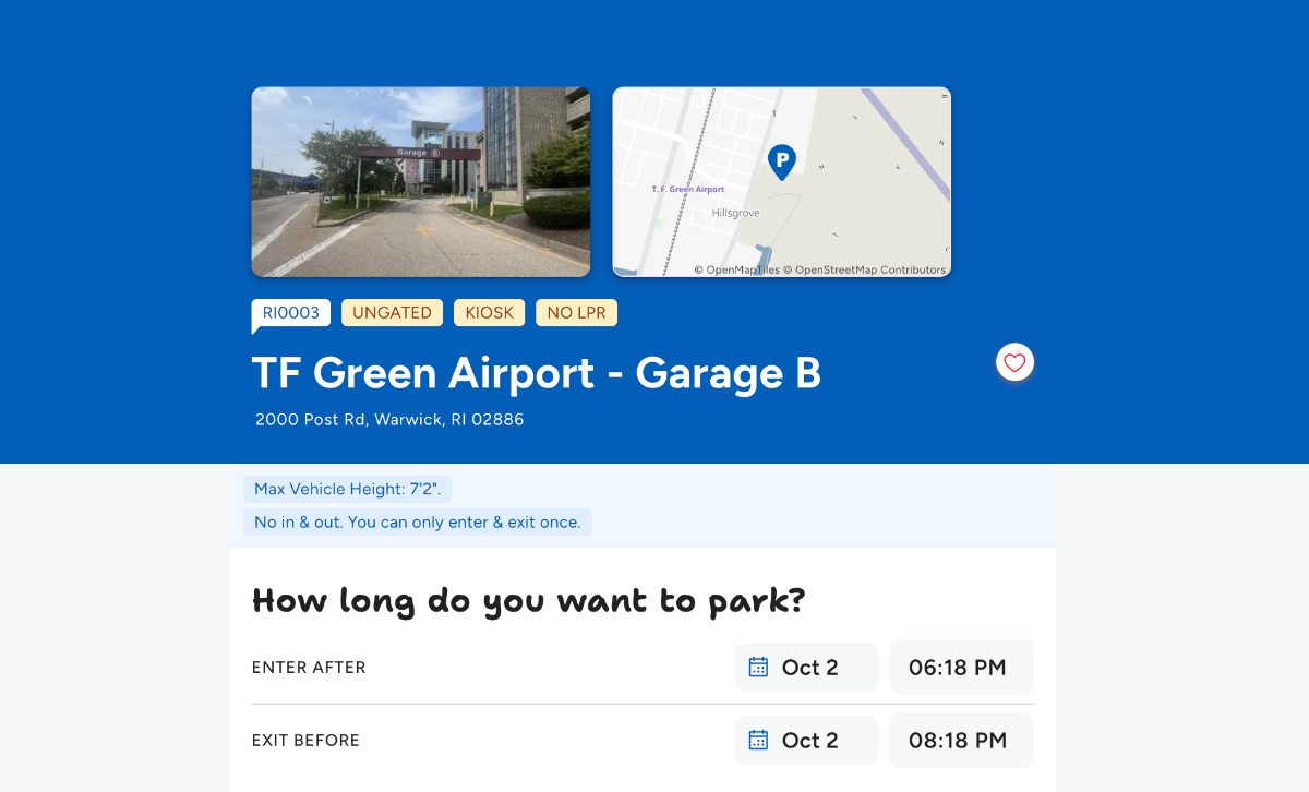 Pantalla de reserva de Laz Go para un garaje en el aeropuerto TF Green, con tarifas y horarios de entrada y salida